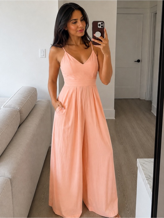 HALARA Pants - HALARA Peach V-Neck Wide-Leg Spaghetti Strap Jumpsuit